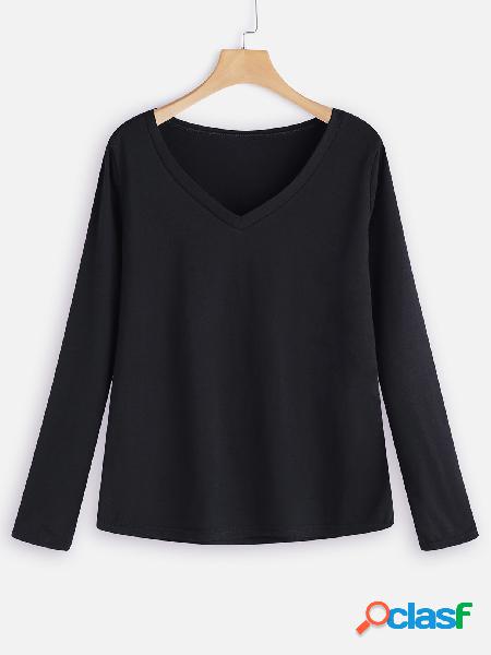 Black Plain Deep V Neck Long Sleeves Loose Fit T-shirts