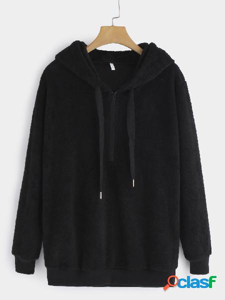 Black Plain V-neck Long Sleeves Hoodie