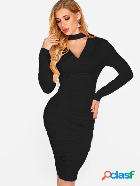 Black Pleated Design Plain V-neck Long Sleeves Midi Dress