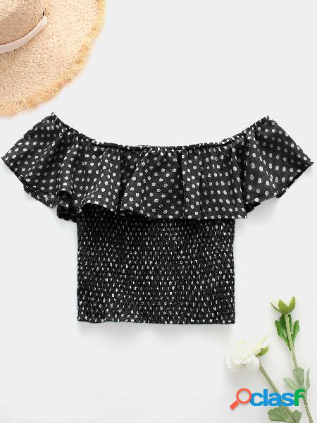 Black Pleated Design Polka Dot Off The Shoulder Crop Top