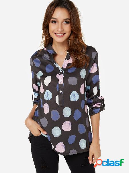 Black Polka Dot V-neck 3/4 Length Sleeves Shirt