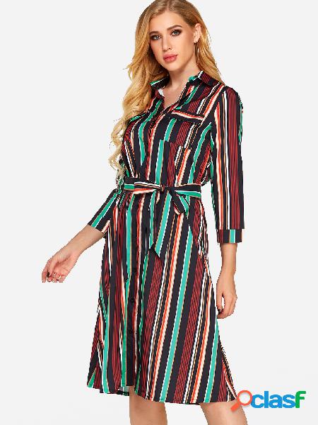 Black Printed Classic Collar 3/4 Length Sleeves Dress with