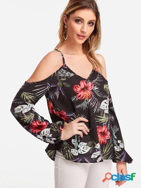 Black Random Floral Print Cold Shoulder Long Sleeves Blouses