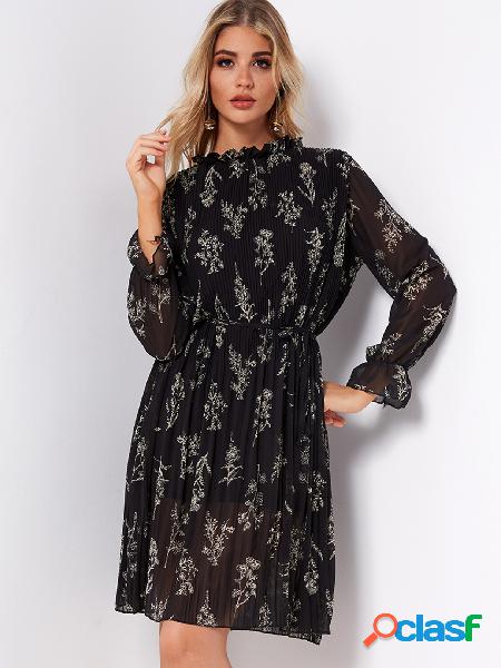 Black Random Floral Print Frill Neck Bell Sleeves Self-tie