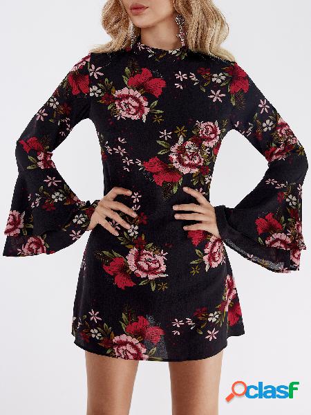 Black Random Floral Print Perkins Collar Flared Sleeves