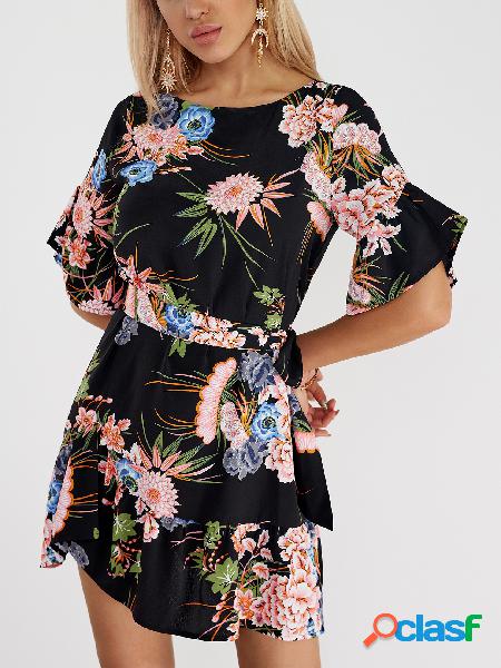 Black Random Floral Print Round Neck Flared Sleeves Dress