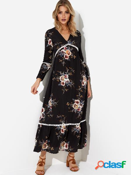 Black Random Floral Print V-neck Long Sleeves Long Dress