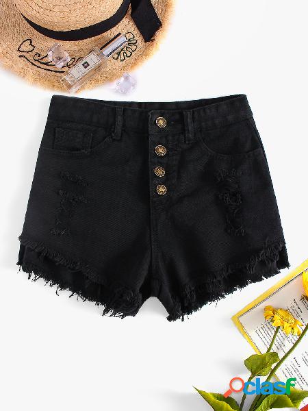 Black Ripped Design Middle-waisted Denim Shorts