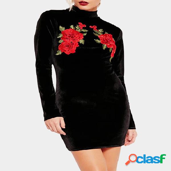 Black Rose Embroidery Pattern Perkins Neck Bodycon Dress