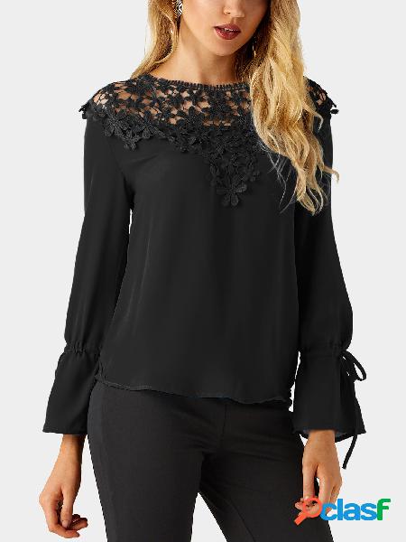 Black Round Neck Bell Sleeves Embroidered Blouses