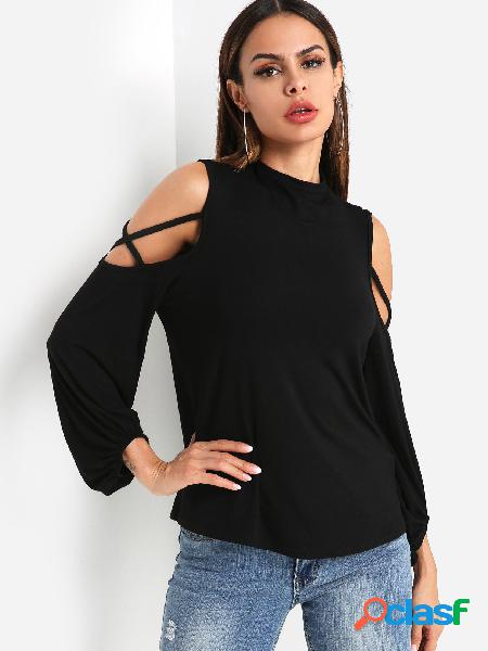 Black Round Neck Cold Shoulder Lantern Sleeves Tee