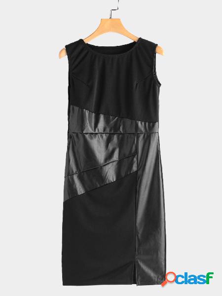 Black Round Neck Leather Stitching Sleeveless Midi Dress