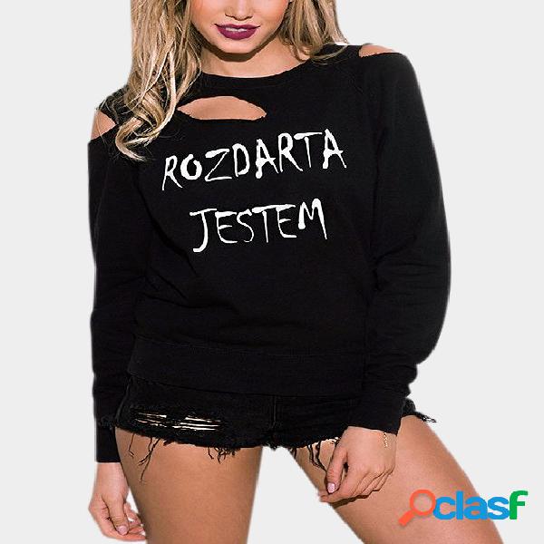 Black Round Neck Letter Pattern Ripped Long Sleeves