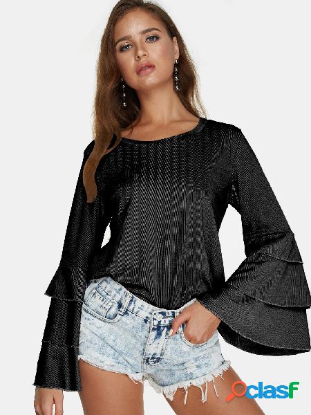 Black Round Neck Long Bell Sleeves Blouse
