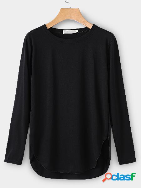 Black Round Neck Long Sleeves Curved Hem Tee