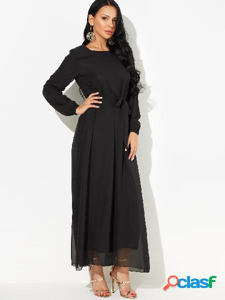 Black Round Neck Self-tie Chiffon Maxi Dress