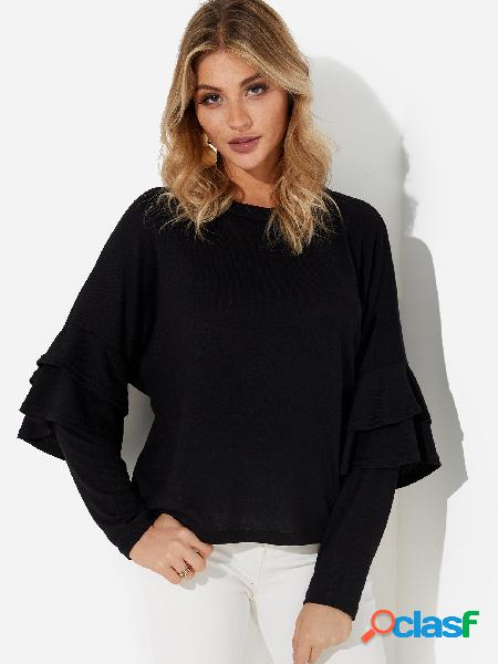 Black Ruffle Design Plain Round Neck Long Sleeves Sweaters