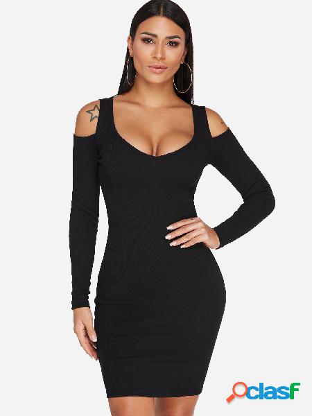 Black Scoop neck Plain Cold Shoulder Long Sleeves Bodycon