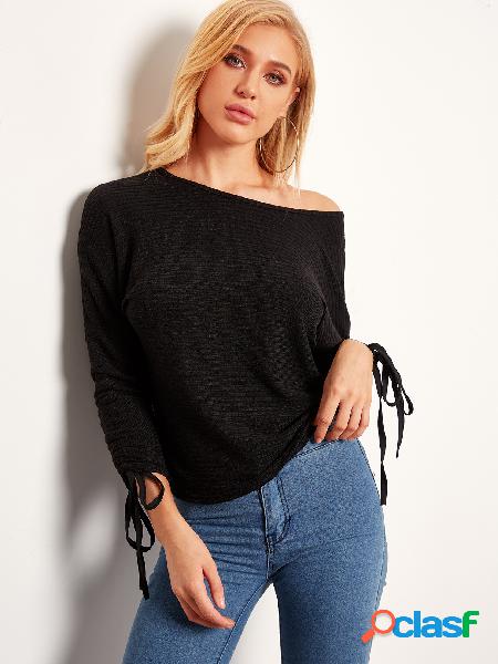 Black Self-tie Design Plain One Shoulder Long Sleeves