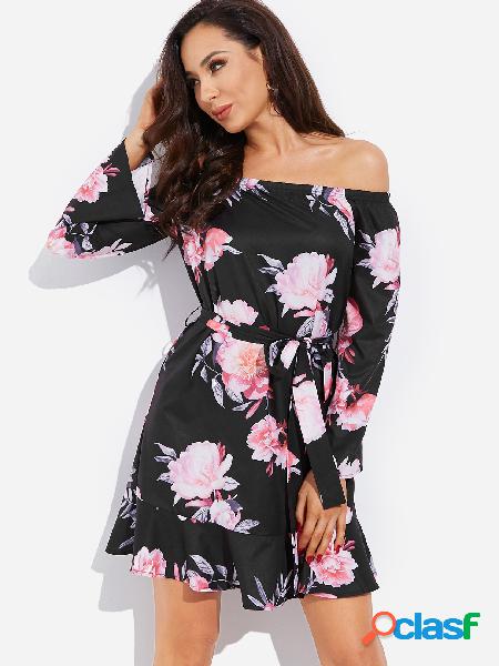 Black Self-tie Design Random Floral Print Off Shoulder