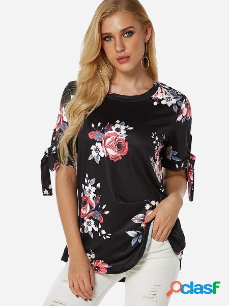 Black Self-tie Design Random Floral Print Round Neck Short