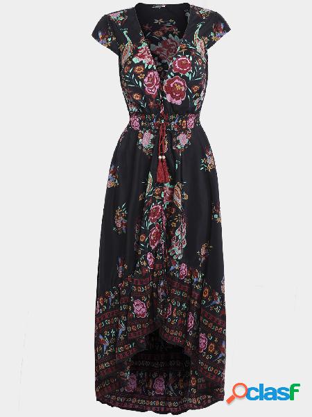 Black Self-tie Design Random Floral Print V-neck Cap Sleeves