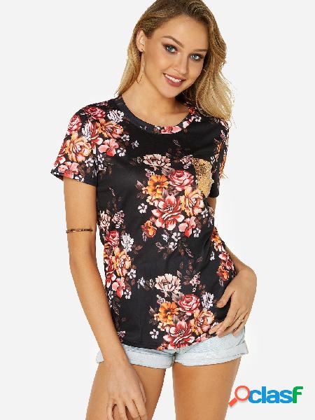 Black Sequins Embellished Random Floral Print Crew Neck