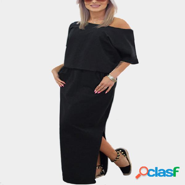 Black Short Sleeves One Shoulder Split Loose Dress with Side