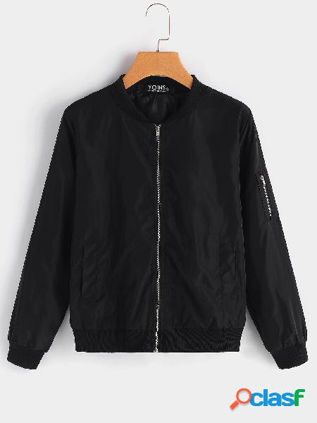 Black Side Pockets Long Sleeves Zipper Jacket