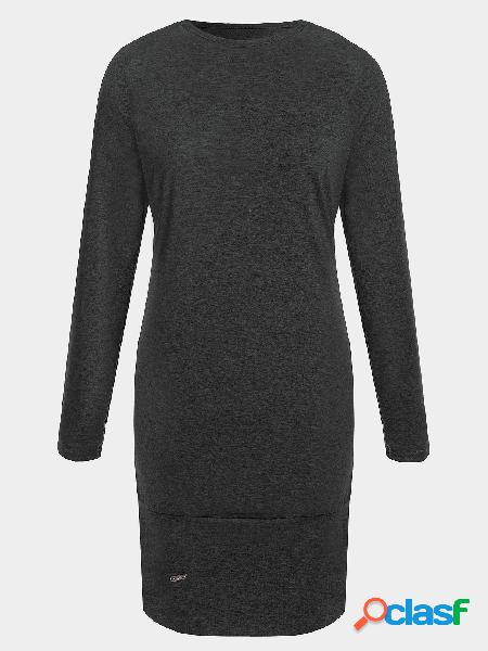 Black Side Pockets Round Neck Long Sleeves Casual Dress