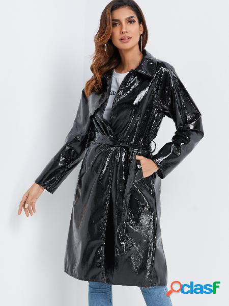 Black Single Breasted PU Leather Self-belt Trench Coat