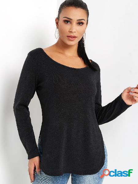 Black Slit Design Plain One Shoulder Long Sleeves Tee With