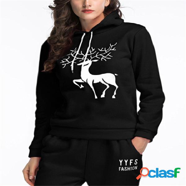 Black Snowflake Deer Printing Long Sleeves Hoodie
