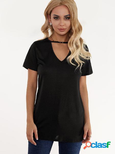 Black Solid Color V-neck Short Sleeves T-Shirt Dresses