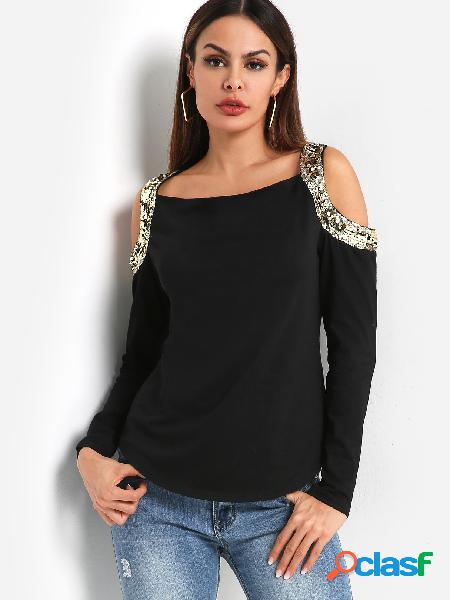 Black Square Neck Cutout Cold Shoulder with Gloss Sequins