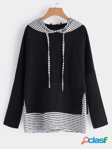 Black Stitching Design Stripe Round Neck Long Sleeves Hoodie