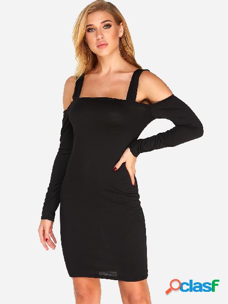 Black Strappy Design at Back Cold Shoulder Long Sleeves Mini