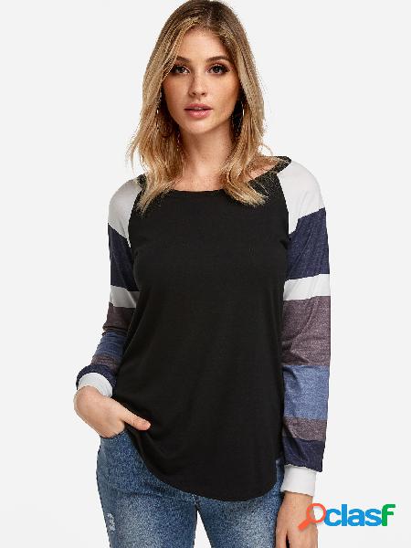 Black Stripe Patchwork Round Neck Long Sleeves T-shirt