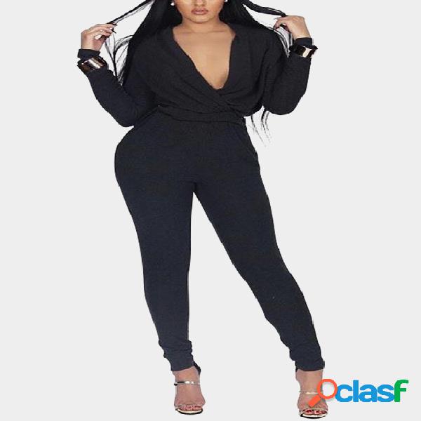 Black Surplice Deep V-neck Long Sleeves High Waits Jumpsuits