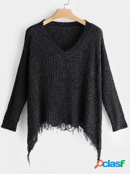 Black Tassel Details V-neck Long Sleeves Sweaters