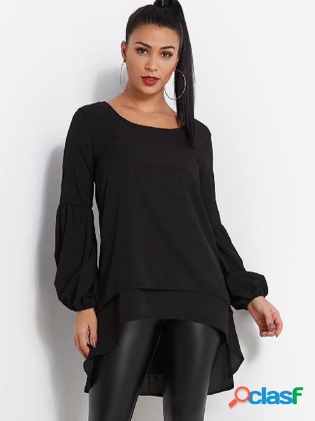 Black Tiered Design Round Neck Lantern Sleeves Blouse With