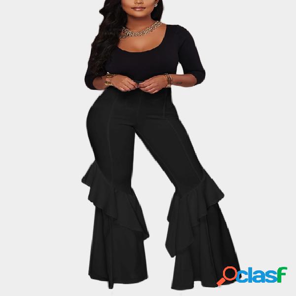 Black Tiered Design Wide Leg Trousers