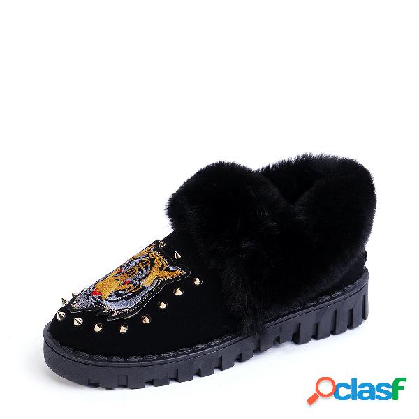 Black Tiger Pattern Rivets Embellished Fur-Lined Snow Boots