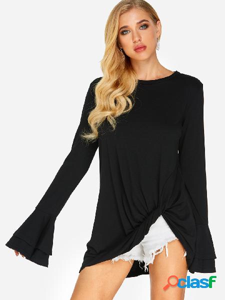 Black Twist Front Detail Tiered Bell Sleeve Top