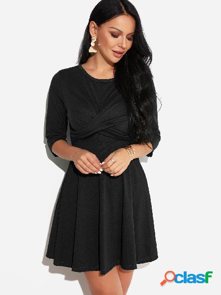Black Twist Round Neck 3/4 Length Sleeves Mini Dress