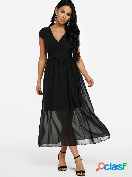 Black V-neck Chiffon Wrap Evening Dress