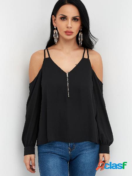 Black V-neck Cold Shoulder Long Sleeves Zip Design Blouses