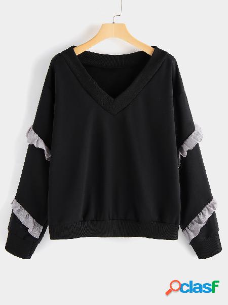 Black V-neck Frill Trims Sweatshirt