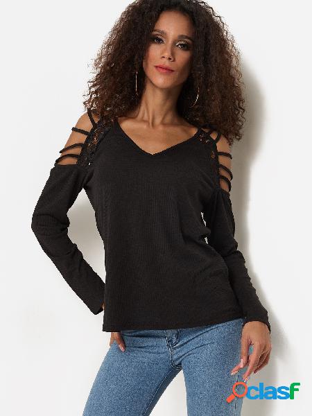 Black V-neck Ladder Cut Cold Shoulder Top