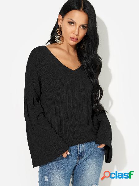 Black V-neck Long Bell Sleeves T-shirt